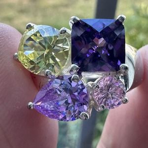 Cocktail Statement Ring Size 7.75 Purple‎ Pink Green Gemstones 925 Sterling 8.3g